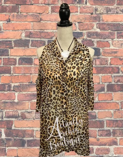 Khaki Leopard Chiffon Cold Shoulder Top